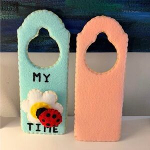 Handmade Light Blue Felt Door Knob Sign - Ladybug / Flower "My Time"